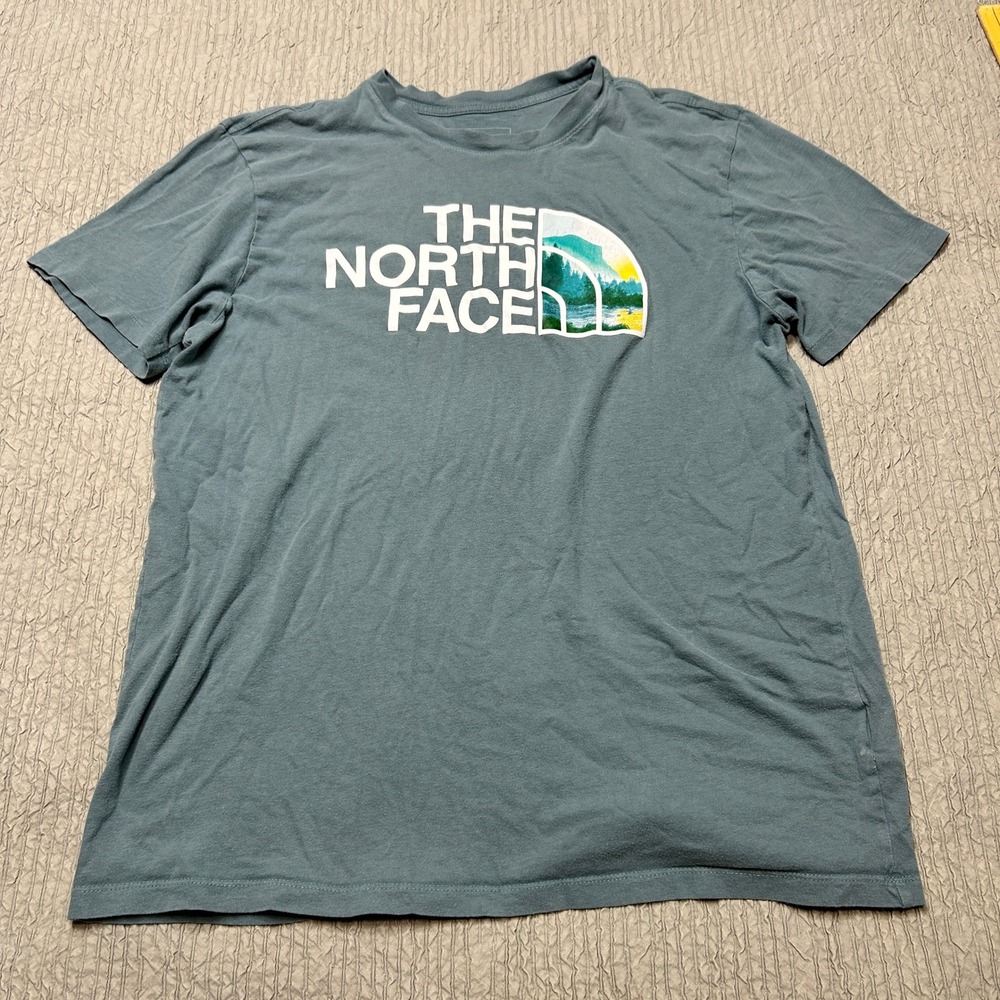The North Face Mens Graphic Tee Blue Gray Mountain Landscape Logo Shirt Size M